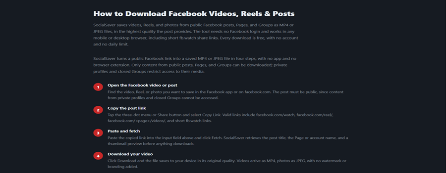 A Facebook share link resolving in the socialsaver.net downloader